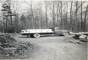 A work truck holding lumber at Paul Zeager's sawmill